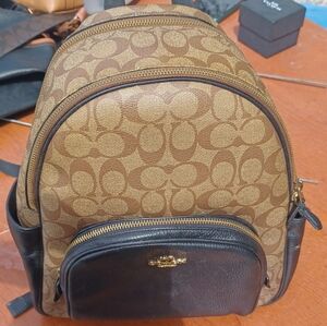 Coach Brown Signature Canvas Mini Backpack with Dark Brown Leather Trim